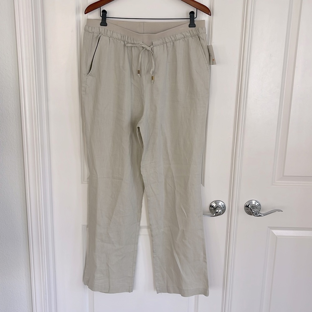 Ellen Tracy 100% Linen Wide Leg Drawstring Pants Tan Size Small